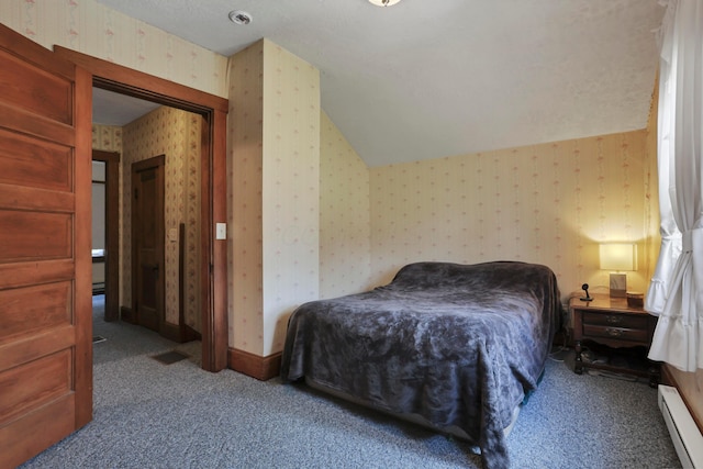 16703 Watkins Rd, Haydenville, OH 43127 - bedroom featuring a baseboard heating unit, wallpapered walls, and carpet flooring
