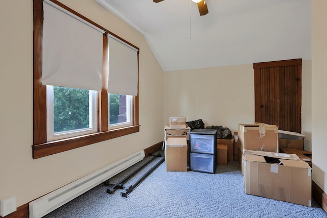 16703 Watkins Rd, Haydenville, OH 43127 - office area featuring a baseboard radiator, carpet flooring, lofted ceiling, and ceiling fan