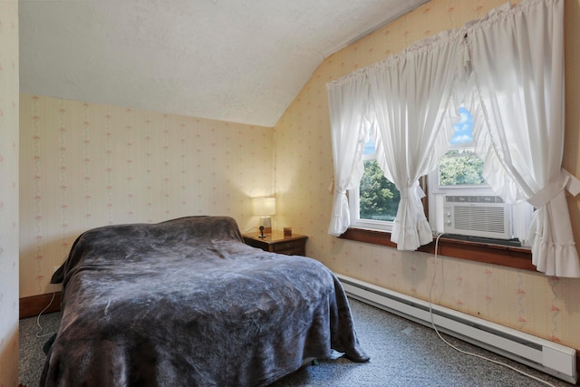 16703 Watkins Rd, Haydenville, OH 43127 - bedroom with a baseboard heating unit, wallpapered walls, lofted ceiling, carpet flooring, and cooling unit