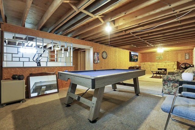 3905 Frazier Rd E, Columbus, OH 43207 - playroom with pool table, carpet floors, and a stone fireplace