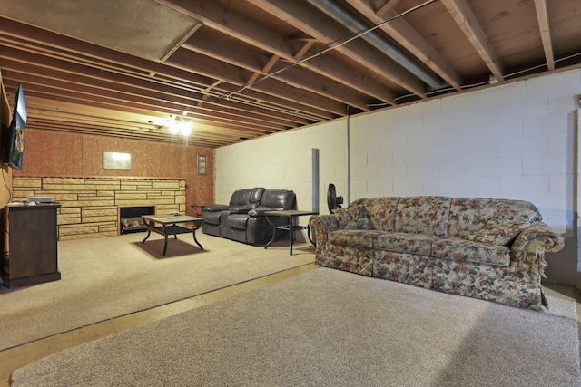 3905 Frazier Rd E, Columbus, OH 43207 - below grade area featuring a stone fireplace and carpet flooring