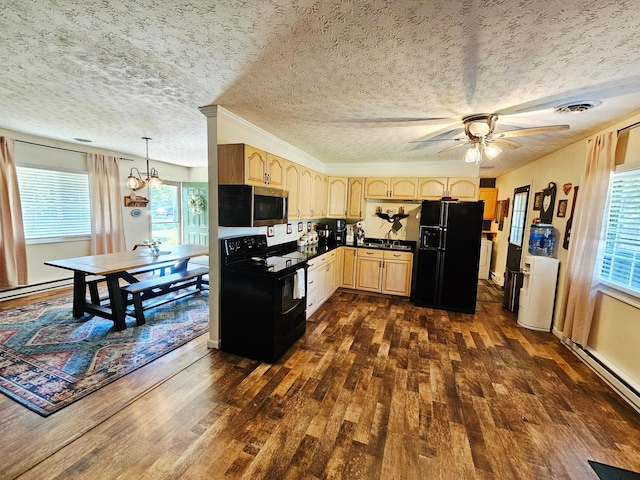 4999 Dickey Rd NE, Bloomingburg, OH 43106 - kitchen featuring black appliances, light brown cabinets, dark wood-style flooring, ceiling fan, and a chandelier