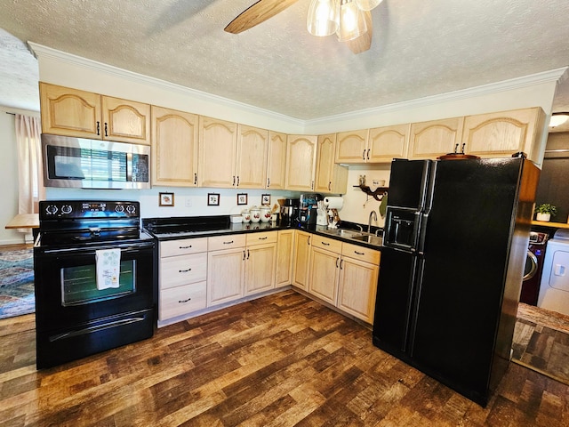 4999 Dickey Rd NE, Bloomingburg, OH 43106 - kitchen featuring black appliances, light brown cabinetry, a textured ceiling, dark wood-type flooring, and crown molding