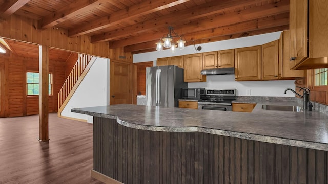 19448 Cr-80, Warsaw, OH 43844 - kitchen featuring stainless steel appliances, under cabinet range hood, a peninsula, dark wood-style floors, and a wooden ceiling with exposed beams
