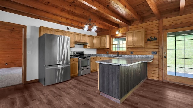 19448 Cr-80, Warsaw, OH 43844 - kitchen featuring stainless steel appliances, under cabinet range hood, a wooden ceiling with exposed beams, dark wood-type flooring, and wood walls