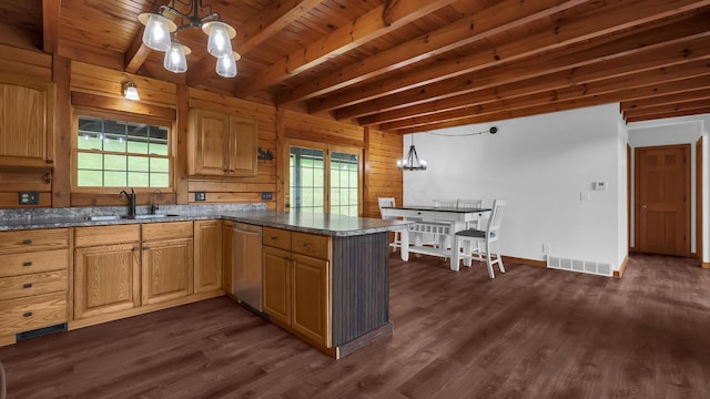 19448 Cr-80, Warsaw, OH 43844 - kitchen featuring a chandelier, dishwasher, plenty of natural light, dark wood finished floors, and a wood ceiling with exposed beams