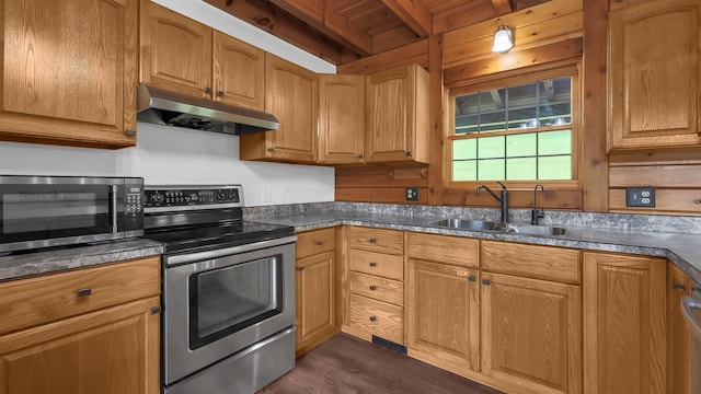 19448 Cr-80, Warsaw, OH 43844 - kitchen featuring under cabinet range hood, appliances with stainless steel finishes, dark wood finished floors, dark countertops, and wooden ceiling