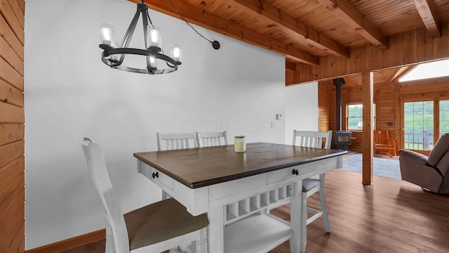 19448 Cr-80, Warsaw, OH 43844 - dining space featuring a wood stove, a chandelier, wood walls, a wooden ceiling with exposed beams, and wood finished floors