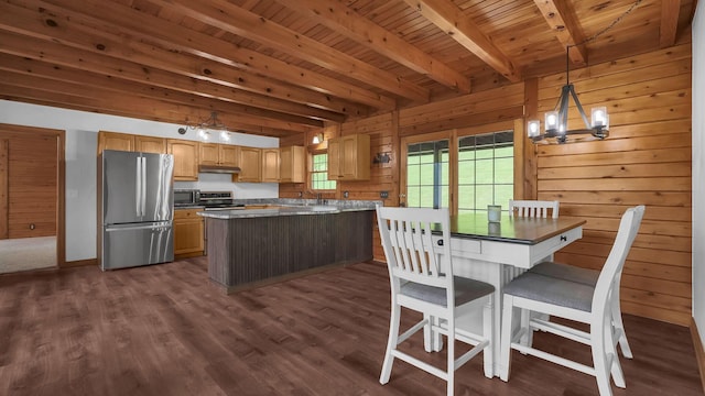 19448 Cr-80, Warsaw, OH 43844 - kitchen with appliances with stainless steel finishes, a wood ceiling with exposed beams, a kitchen island, under cabinet range hood, and dark wood finished floors