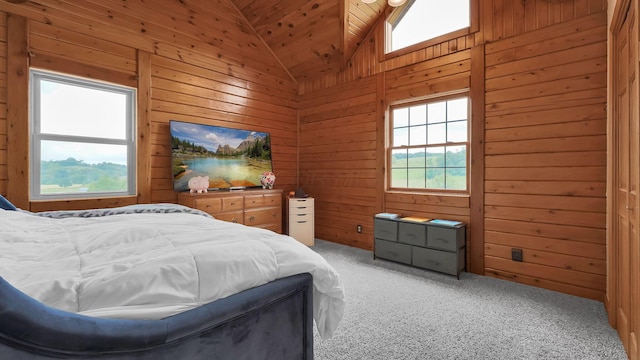 19448 Cr-80, Warsaw, OH 43844 - bedroom featuring vaulted ceiling, multiple windows, light carpet, wood walls, and wooden ceiling