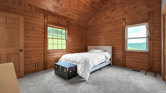 19448 Cr-80, Warsaw, OH 43844 - bedroom featuring vaulted ceiling, carpet floors, wood walls, and wooden ceiling