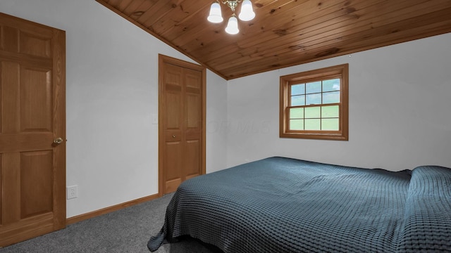 19448 Cr-80, Warsaw, OH 43844 - carpeted bedroom featuring lofted ceiling, wood ceiling, a chandelier, and a closet