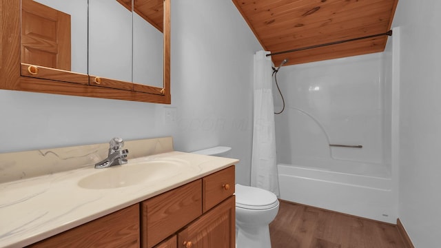 19448 Cr-80, Warsaw, OH 43844 - full bath featuring wood finished floors, vanity, shower / bath combo, wood ceiling, and lofted ceiling
