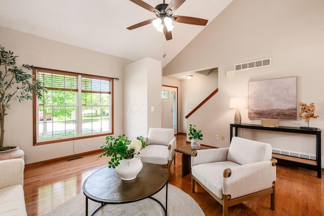 2378 Yagger Bay Dr, Hilliard, OH 43026 - living room with wood finished floors, ceiling fan, and high vaulted ceiling