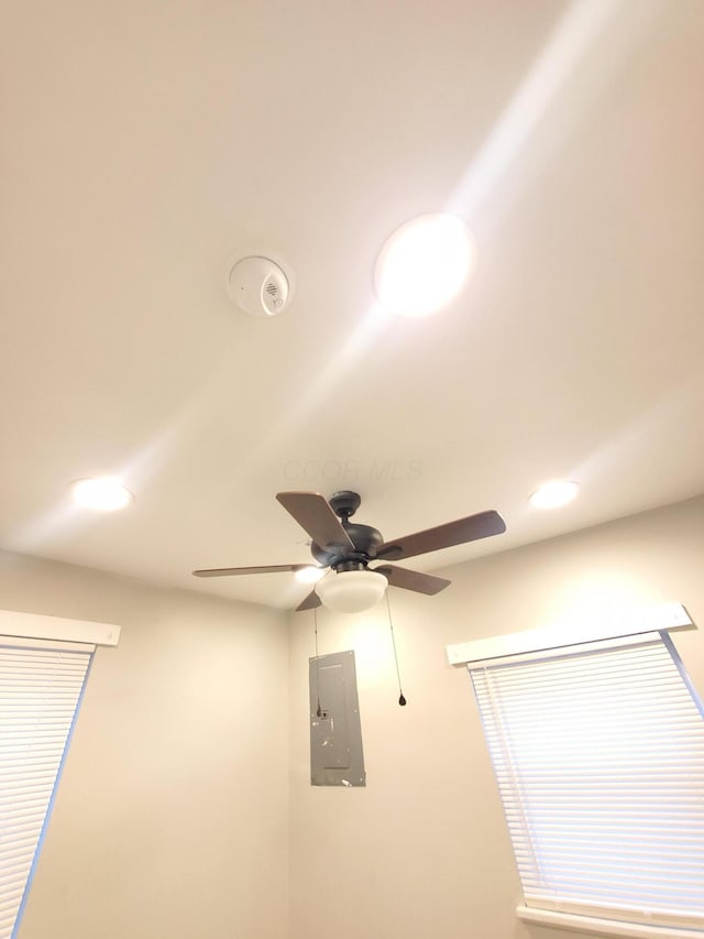 345 Dakota Ave, Columbus, OH 43223 - detailed view of electric panel, ceiling fan, a smoke detector, and recessed lighting