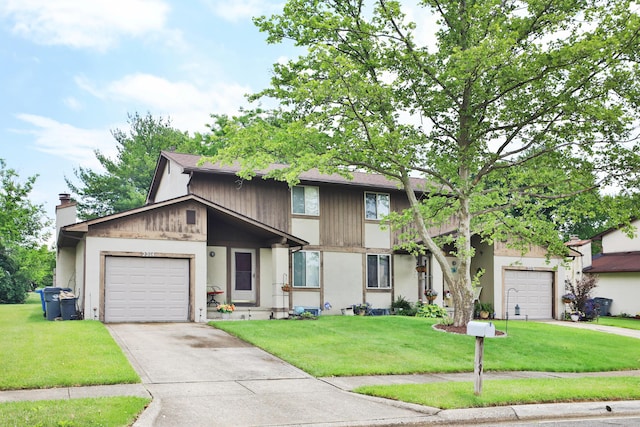 2214-2216 Pine Tree Ln, Reynoldsburg, OH 43068 - traditional-style house with a chimney, a front lawn, driveway, an attached garage, and roof with shingles