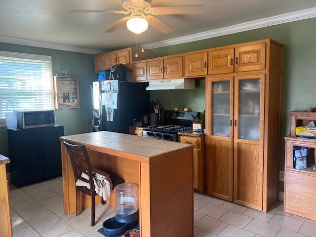 427 John St, Newark, OH 43055 - kitchen with gas range oven, under cabinet range hood, black refrigerator with ice dispenser, tile countertops, and ceiling fan