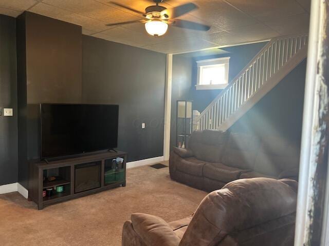 427 John St, Newark, OH 43055 - carpeted living room with ceiling fan and stairway