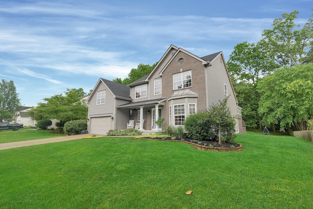 307 Timberland View Dr, Newark, OH 43055 - traditional home featuring covered porch, a garage, a front yard, concrete driveway, and brick siding