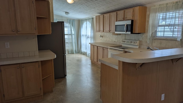 22 Birch Row Dr, Delaware, OH 43015 - kitchen with appliances with stainless steel finishes, light countertops, open shelves, a peninsula, and vaulted ceiling