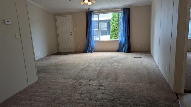 22 Birch Row Dr, Delaware, OH 43015 - unfurnished room featuring crown molding, carpet floors, ceiling fan, and a textured ceiling