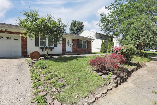 1615 Coronet Dr, Columbus, OH 43224 - view of front facade featuring brick siding, an attached garage, concrete driveway, and a front lawn