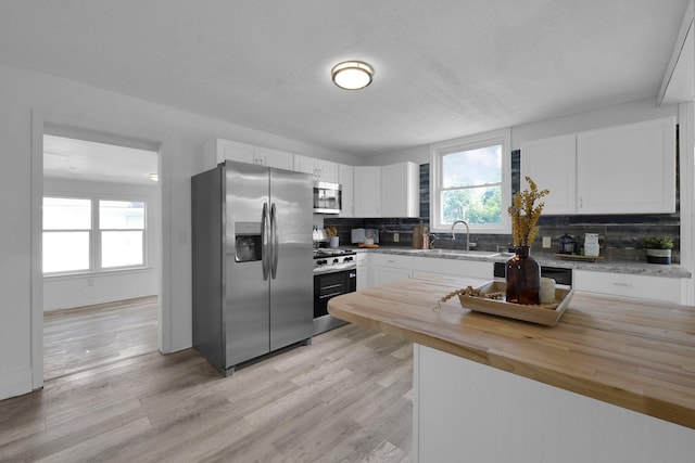 634 Columbus Ave Unit 1, Washington Court House, OH 43160 - kitchen with stainless steel appliances, butcher block counters, tasteful backsplash, and white cabinetry