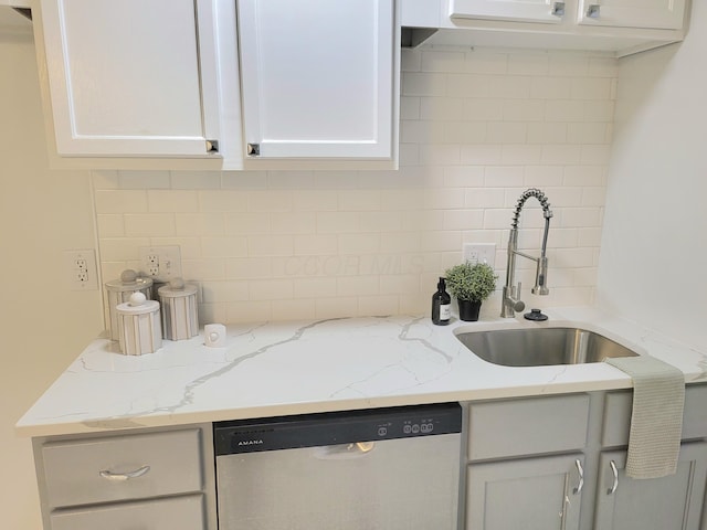 570 N Ohio Ave, Columbus, OH 43203 - kitchen with dishwasher, backsplash, white cabinetry, and light stone counters