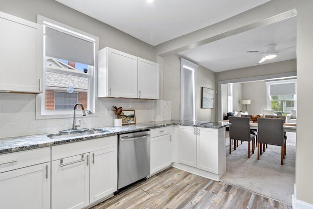 225 N Hague Ave, Columbus, OH 43204 - kitchen featuring dishwasher, white cabinetry, light wood-style flooring, and decorative backsplash