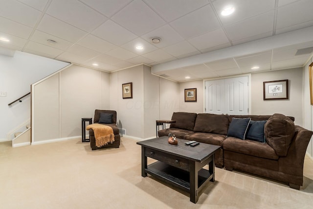 918 Dianthus Ct, Reynoldsburg, OH 43068 - carpeted living room featuring a drop ceiling, stairway, and recessed lighting