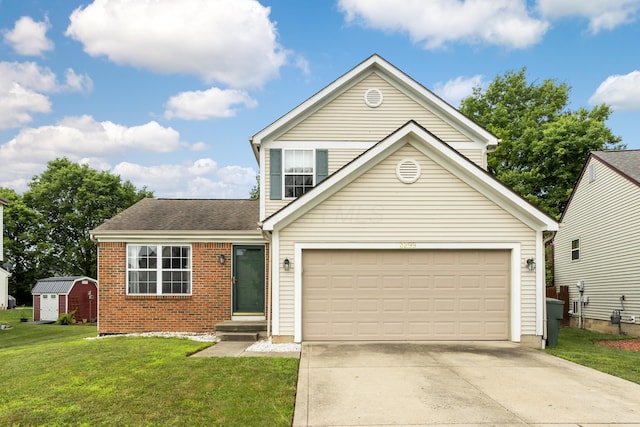 3299 Bellowind Dr, Reynoldsburg, OH 43068 - traditional-style house with driveway, a front lawn, brick siding, a garage, and a storage shed
