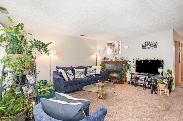 2939 Arrowsmith Dr, Reynoldsburg, OH 43068 - carpeted living room with a textured ceiling and a warm lit fireplace
