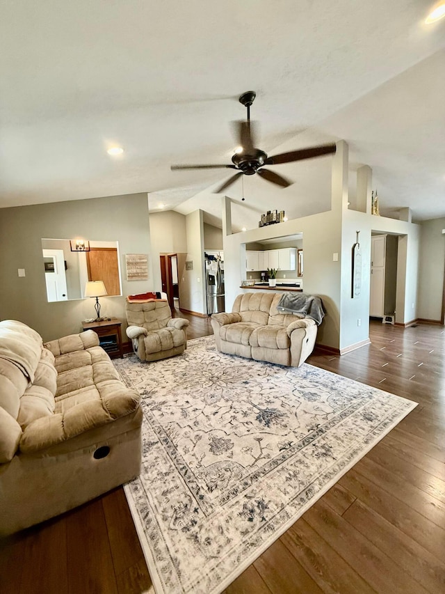 630 Duffy Dr, Washington Court House, OH 43160 - living room with lofted ceiling, dark wood-style flooring, and ceiling fan