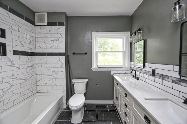 7579 Rangeline Rd, Mount Vernon, OH 43050 - bathroom with double vanity, tile patterned flooring,  shower combination, and tasteful backsplash