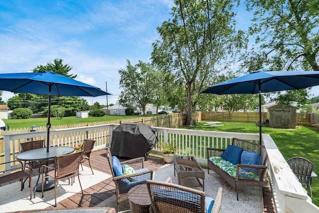 3445 Woodlawn Ave, Grove City, OH 43123 - wooden terrace with a storage shed, an outdoor living space, a fenced backyard, and area for grilling