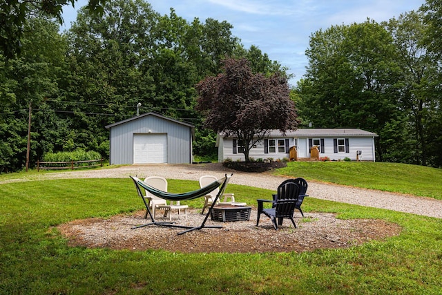 13399 Staddens Bridge Rd SE, Heath, OH 43056 - view of green lawn featuring a detached garage, an outdoor structure, and gravel driveway