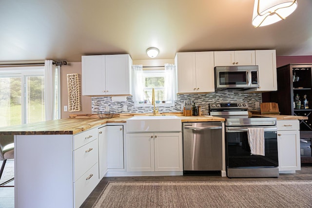13399 Staddens Bridge Rd SE, Heath, OH 43056 - kitchen featuring stainless steel appliances, wood counters, a peninsula, and plenty of natural light