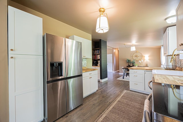13399 Staddens Bridge Rd SE, Heath, OH 43056 - kitchen with stainless steel refrigerator with ice dispenser, wooden counters, decorative backsplash, white cabinets, and dark wood finished floors