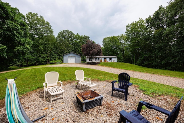 13399 Staddens Bridge Rd SE, Heath, OH 43056 - view of green lawn featuring an outdoor fire pit, a garage, an outdoor structure, and driveway