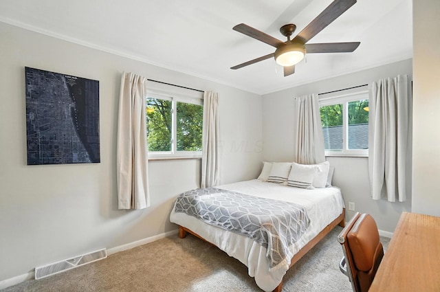 2820 Halstead Rd, Columbus, OH 43221 - carpeted bedroom with multiple windows, ceiling fan, and crown molding