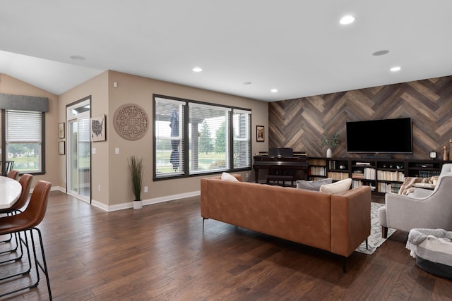 6196 Streamside Dr, Galena, OH 43021 - living area with wood finished floors, an accent wall, recessed lighting, and lofted ceiling