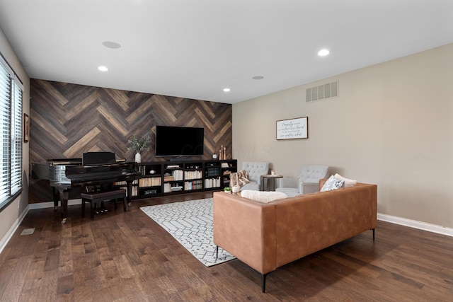 6196 Streamside Dr, Galena, OH 43021 - living room with dark wood-style flooring, recessed lighting, and an accent wall