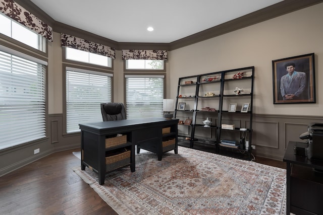 6196 Streamside Dr, Galena, OH 43021 - office space featuring crown molding, healthy amount of natural light, wainscoting, dark wood-style floors, and recessed lighting