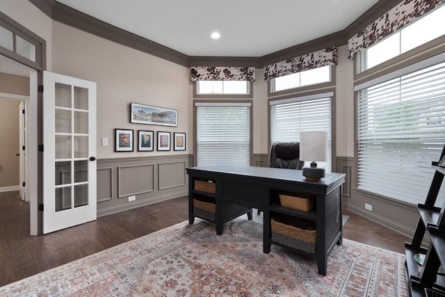 6196 Streamside Dr, Galena, OH 43021 - office featuring wood finished floors, healthy amount of natural light, crown molding, wainscoting, and a decorative wall