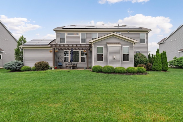 6196 Streamside Dr, Galena, OH 43021 - rear view of house with a pergola, roof mounted solar panels, a yard, and a patio