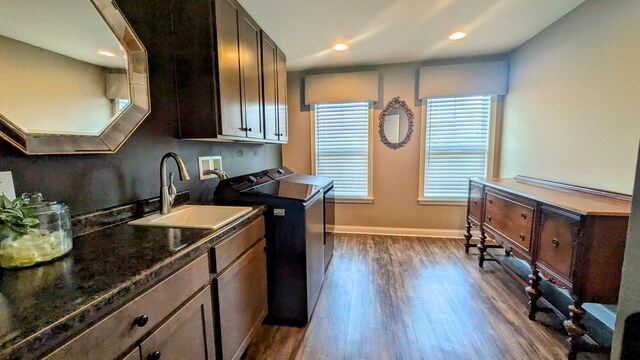 6196 Streamside Dr, Galena, OH 43021 - kitchen featuring washing machine and dryer, dark wood-type flooring, recessed lighting, and dark brown cabinets