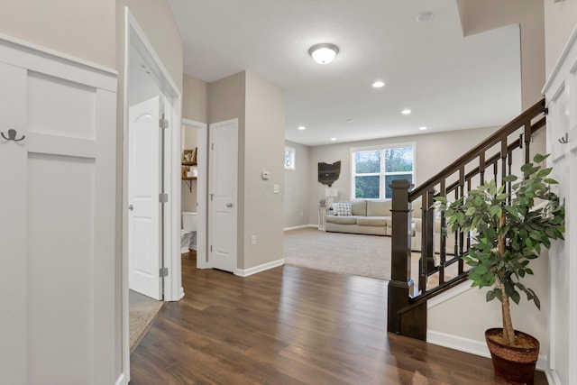 3987 Mad River Rd, Grove City, OH 43123 - foyer entrance featuring stairway, wood finished floors, and recessed lighting
