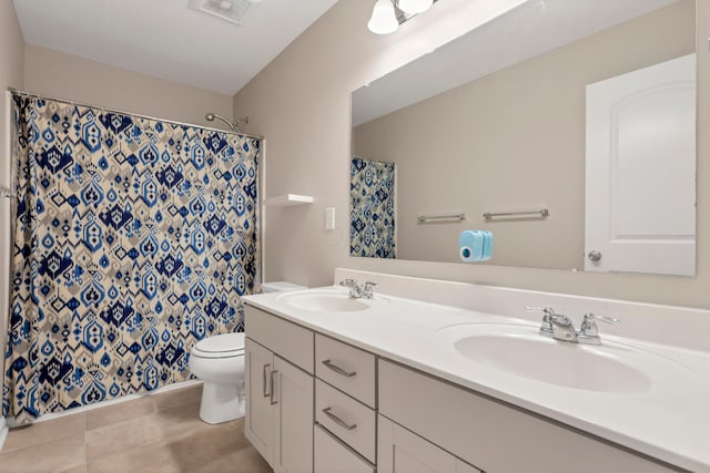 3987 Mad River Rd, Grove City, OH 43123 - bathroom featuring double vanity, tile patterned flooring, and curtained shower