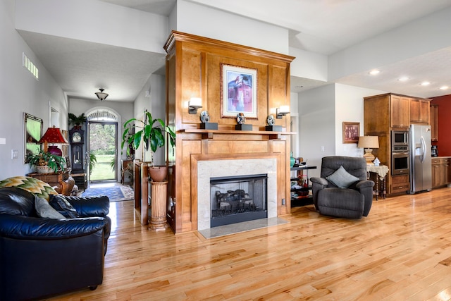 8150 Concord Rd, Delaware, OH 43015 - living room with light wood-style floors, a premium fireplace, and recessed lighting