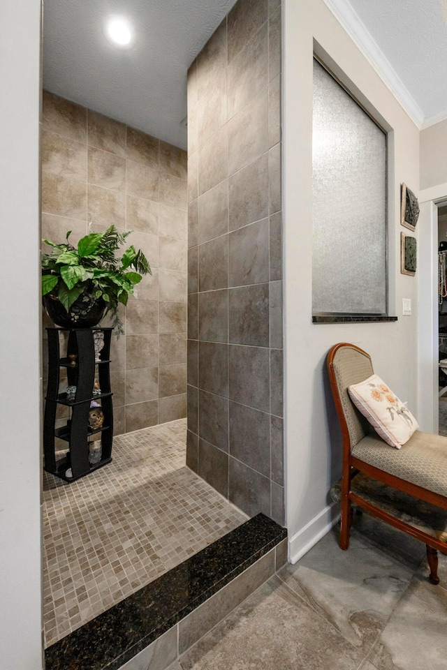 8150 Concord Rd, Delaware, OH 43015 - bathroom with ornamental molding, recessed lighting, and a tile shower